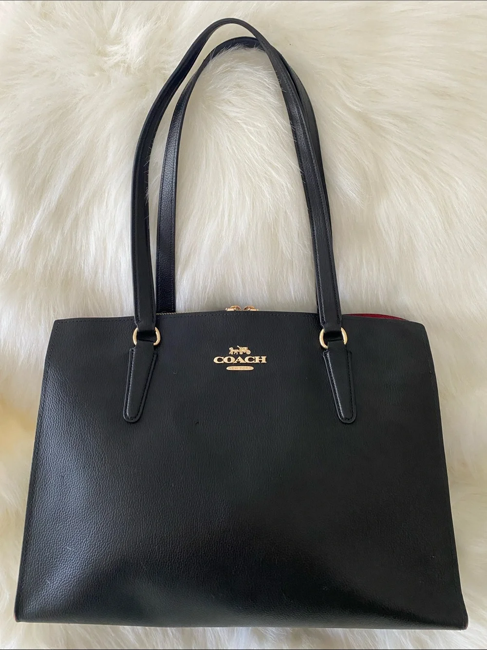 Coach Tatum Leather Carryall Shoulder Tote Bag (C4077) in Black/True Red